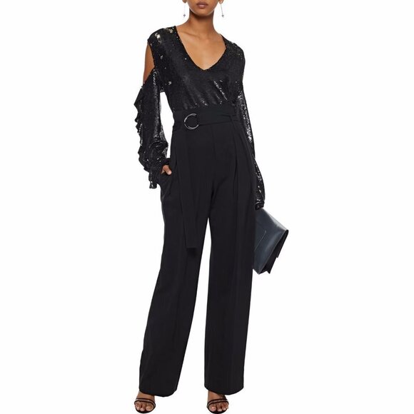 EUC IRO black & silver double faced sequin cold shoulder ruffle sleeve top - Picture 2 of 16